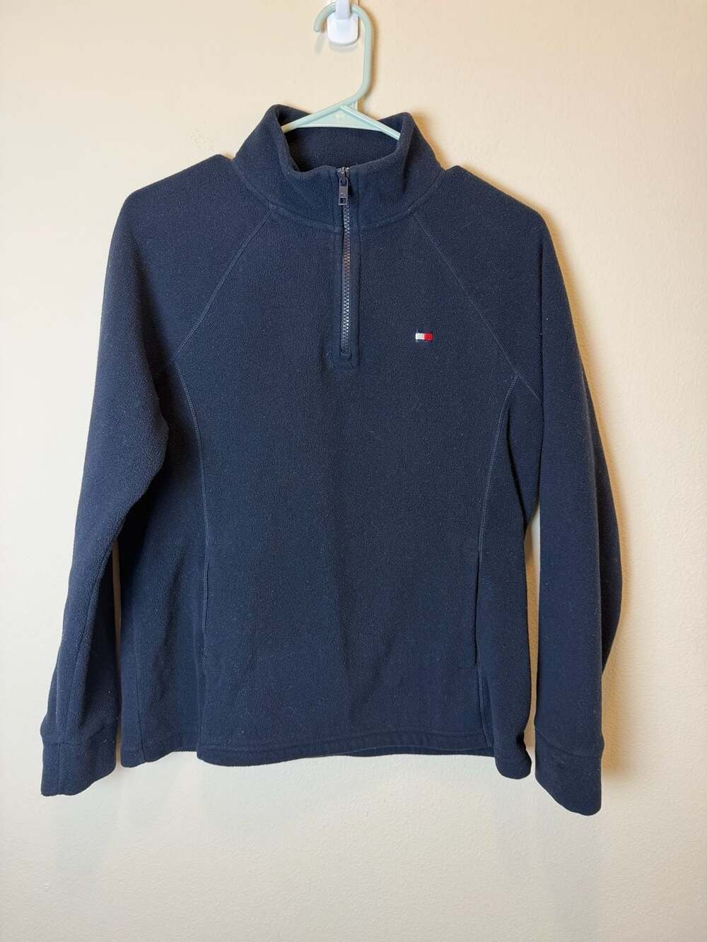 Tommy Hilfiger Navy Blue Quarter Zip Fleece Pullover Sweater with Pockets